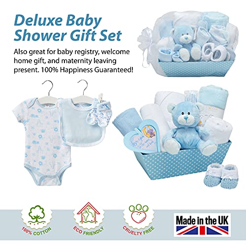 Newborn Baby Boy Keepsake Box - Blue, Hand Packed And Wrapped In Chiffon This Hamper Includes A Cute Teddy Bear, Knitted Booties, Bodysuit, Bib, Hat, Blanket, Hooded Towel And Hanging Plaque #TOP4