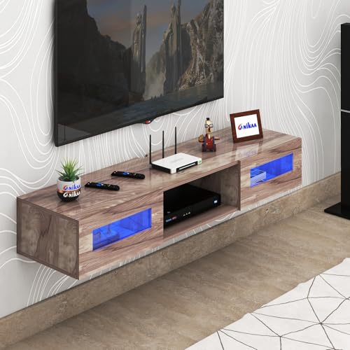Image of Anikaa Orilo Wall Mount Modern Floating TV Unit for Living Room with 3 Storage Cabinet & Blue LED Light | Ideal for UP to 55 Inch TV (Coachwood Finish - DIY Installation)
