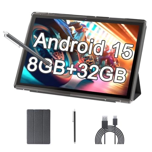 Tablet 10 Inch Android 15 Tablets With Case 8GB RAM+32GB ROM+1024GB Expand, 6000mah Battery Tableta, 2MP+8MP Dual Camera WiFi-6 10.1'' IPS HD Touch Screen, Android Tablet Incloud Case Stylus (Black)