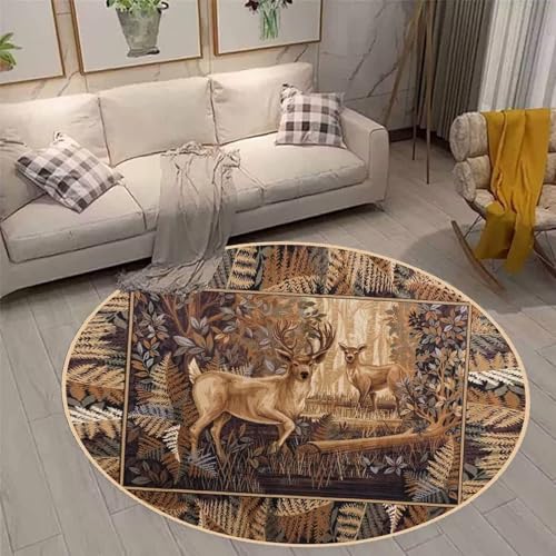 Soyalie Vintage Cabin Natural and Animals Area Rugs 3ft for Entrance Kitchen Non-Slip Rustic Lodge Cabin Moose Deer Round Rug Home Decor Farm Mat
