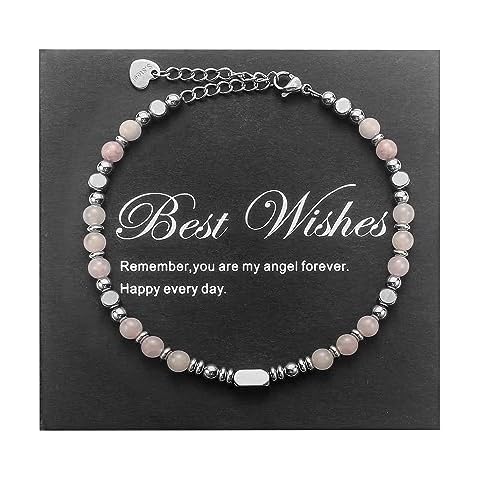 ZZM Story Pink Natural Rose Quartz Stainless Steel bead Bracelet for Women, Feng Shui Bracelets- Delicate Beauty and Spiritual Blessing Cover