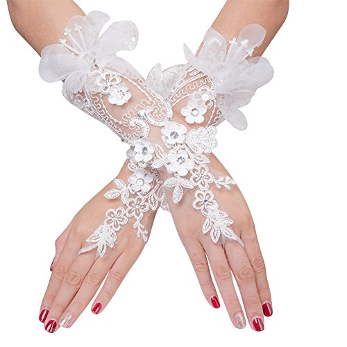 Gants Mariage Gant Déguisement Femme Mitaines Court Exquis Gants en Dentelle avec Lacet Accessoires Robe Manches Mariée Pour Soirée Partie Banquet...