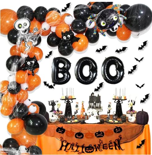 Halloween Balloon Garland Arch kit with Spider Web, Boo Aluminum Foil Balloons, Spider Balloons, Black Orange Balloons，3D bat wall sticker，mini skull foil balloon for Halloween Day Party Decorations