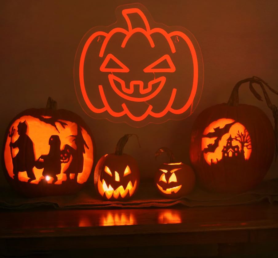 Image of Halloween Neon Sign - Pumpkin Neon Sign for Wall Decor with Dimmable Switch, Orange Pumpkin LED Light Up Sign Gift for Autumn Thanksgiving Halloween Decoration