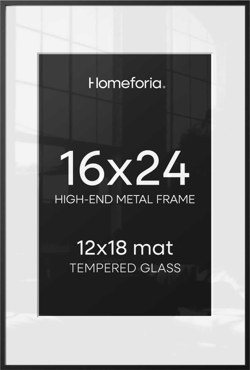 Homeforia 16x24 Black Picture Frame, High-End Metal, 12x18 Mat, Glass