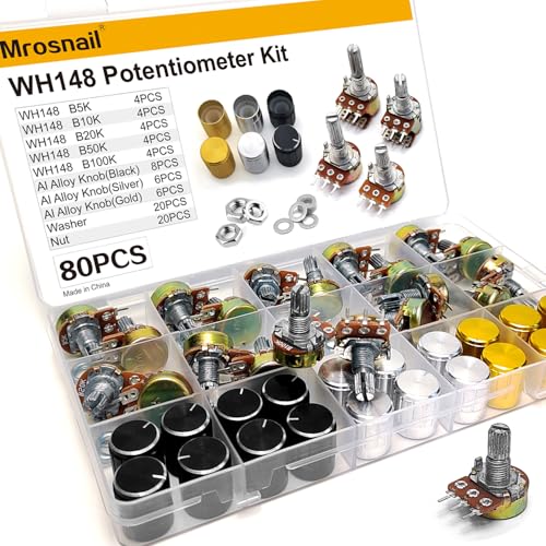 Mrosnail 80PCS Potentiometer Kit, WH148 B5K, B10K, B20K, B50K, B100K 3-Pin Single Link 15mm Potentiometers with Potentiometer Knobs, Nuts, Washers
