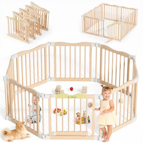 Image of Foldable Wooden Playpen, Natural Pine, 55 x 55 x 24 inches