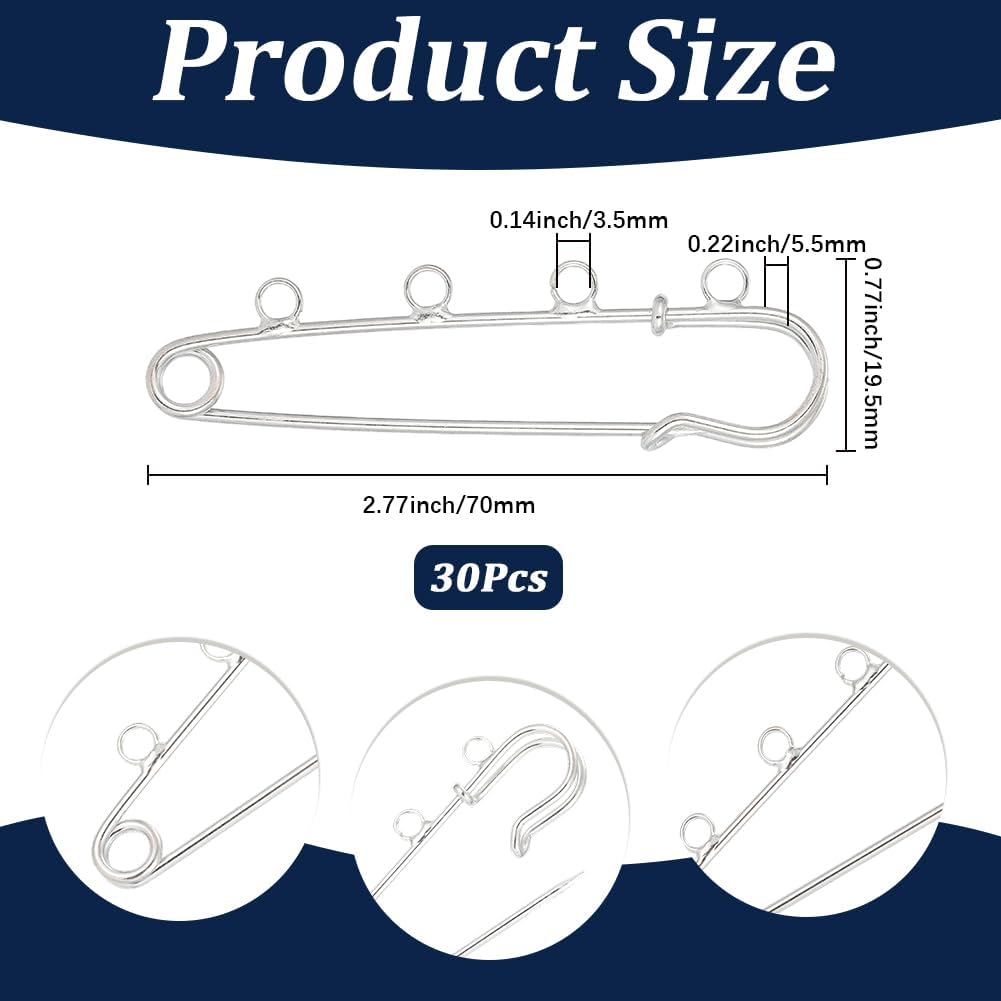 SUNNYCLUE 1 Box 30Pcs 3 Inch Large Safety Pins Pack Safety Pins Brooch Bulk 4 Holes Loops 70mm Metal Silver Fastener Clip Kilt Findings for Jewelry Making DIY Sewing Skirts Clothes Knitted Decoration