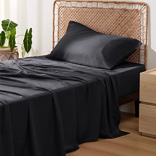 Image of Bedsure Cooling Sheets Twin XL, Rayon Derived from Bamboo, PureWoven, Breathable & Soft Twin XL Sheet Sets, Deep Pocket Up to 16 Inches, Hotel Luxury Silky Dorm Bedding for Hot Sleepers, Black