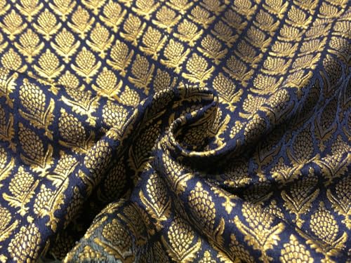 Tissu brocart de soie bleu marine jacquard doré BRO1058 anti-froissement