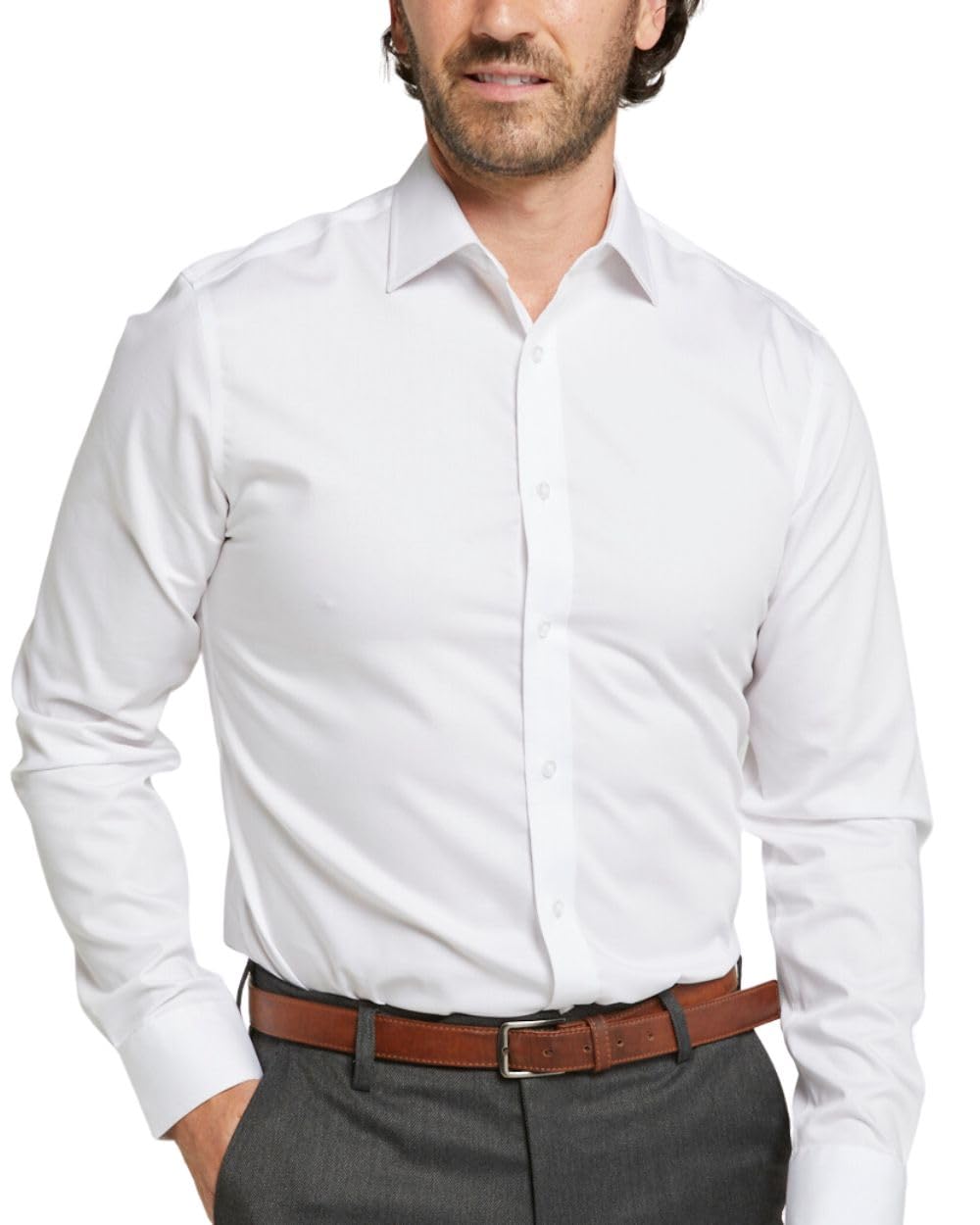 Double Two Men's White Long Sleeve Shirt Regular Fit Formal Button Down Cotton Smart Causal Dress Shirt - 17.5" Collar