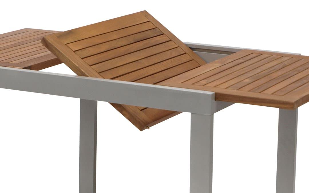 Balkon Ausziehtisch Naxos 80/120x70cm, Aluminium Silbergrau + Akazie braun geölt, witterungsbeständig