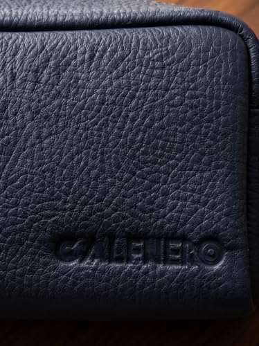 Image of Calfnero Genuine Leather Toiletry Bag for Men & Women | Premium Leather Travel-Pouch | Toiletry Organizer | Cosmetic & Shaving Kit Bag | Unisex Travel Dopp Kit (Navy)