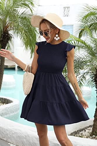 Women's Summer Casual Flutter Sleeve Tiered Dresses Crew Neck Smocked Elastic Waist Flowy Mini Dress3