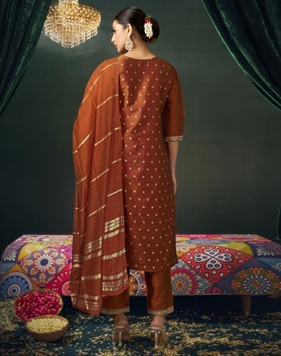 Image of SIRIL Women's Taffeta Jacquard and Embroidery Work Straight Kurta Pant with Dupatta Set