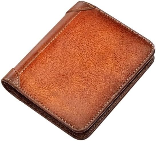 Wallet Men's Short Genuine Leather Oxhide Coin Purse Vintage Fashion Top-grain Sturdy(Yellowish brown)