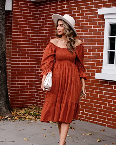 R.vivimos Women's Summer Cotton Polka Dots Puff Sleeves Bow Casual Off-Shoulder Boho Midi Dress (Small, Rustbrown) #TOP1