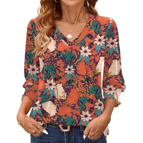 AKEWEI 3/4 Length Sleeve Womens Tops Summer Fashion V Neck Business Casual Blouses Smocked Shirts