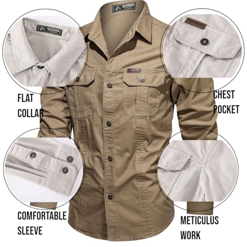 Chaos World Men's Wok Shirt Long Sleeve Button Down Shirts Two Chest Pockets Workwear Casual Office Shirt3