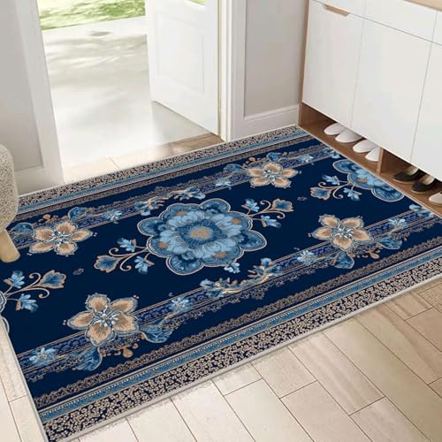 Tapis fleurs ethniques de tradition orientale bleu marine premium - 4
