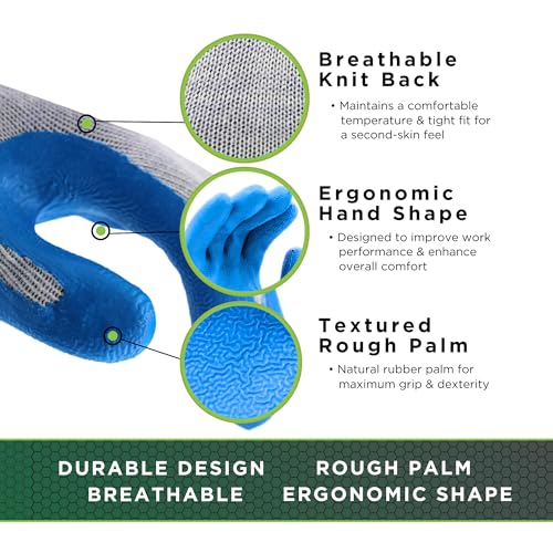 SHOWA Atlas 300 Natural Latex Palm Coated General Purpose Work Glove with Poly/Cotton Liner, 10-Gauge, Blue, Large (12 Pair)