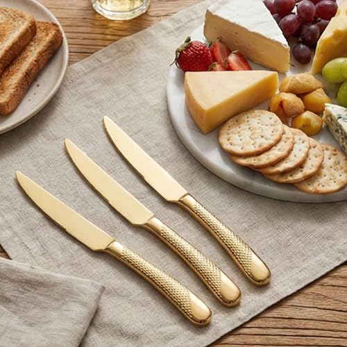 Image of Aurum Gold French Style Silverware | 5-Piece Hammered Dinner Knife Set with 2-in-1 Serrated Steak Knife | Stainless Steel Flatware | Elegant Cutlery for Home, Restaurants & Gifting