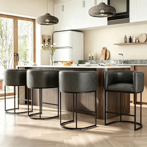 Image of 26 inch H Counter Height Bar Stools Set of 4, Modern Barrel Counter Stools with Backrest and Arms, Faux Leather Upholstered Accent Barstools for Kitchen Island,Support 450 LBS (Black)