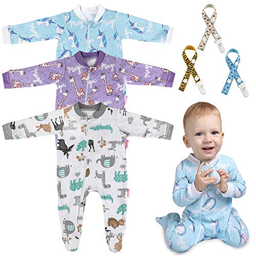 Lictin Baby Romper Pajamas - 3 Pack Cotton Long Sleeve Zipper Romper with 3 Pacifier Clip, Baby Boys Sleepsuits Sleepwear for 6-10 Months Newborn