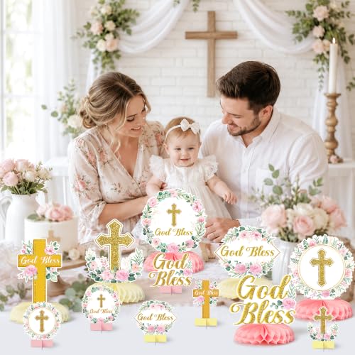 Image of ANGOLIO 12P Pink Floral God Bless Baptism Honeycomb Centerpiece Decorations | Glitter Gold Cross First Communion Party Supplies, Girl Baby Shower Table Decor, Religious Pastor Anniversary, Gender Reveal