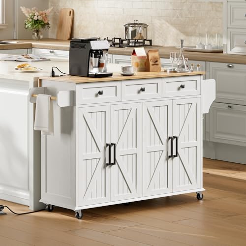 RALGEND Kitchen Island with Drop Leaf & Power Outlet, Rolling