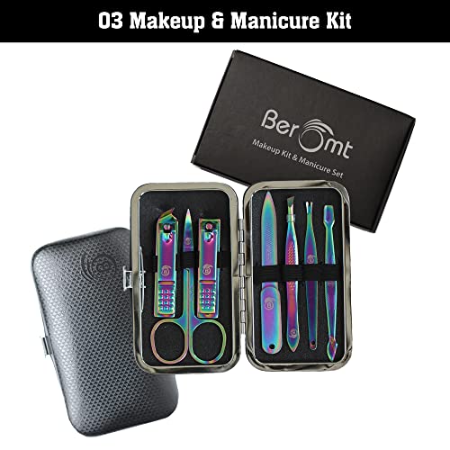 Image of Beromt 7 IN 1 Manicure Set Pedicure Stainless Steel Proffesional Nail Cutter Nail Scissors Grooming Kit with Nail Cleaning Knife, Plucker, Scissor and Nail Tools With Leather Travel Case- 03 Rainbow