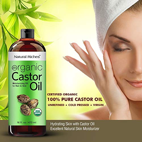 Natural Riches Organic Castor Oil Cold Pressed Usda Certified For Dry Skin Hair Loss Dandruff Thicker Hair - Moisturizes Heals Scalp Skin Hair Growth Thicker Eyelashes & Eyebrows 16 Fl. Oz. #TOP5