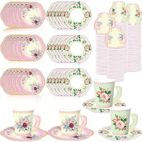 Glazeal 32 Set Floral Paper Tea Cups (7 oz) with Handle & 5.5" Saucers Set, 64pcs Disposable Tea Cup Saucers for Cold & Hot Drinks Serves 32 for Tea Party Wedding Baby Shower Party Supplies