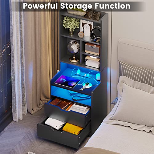Bthfst Tall Nightstand With Led Lights And Charging Station, Led Black Nightstand With Shelves And 2 Drawers, Bedside Table With Bookshelf, Tall Side Table End Table With Charging Station & Storage #TOP4
