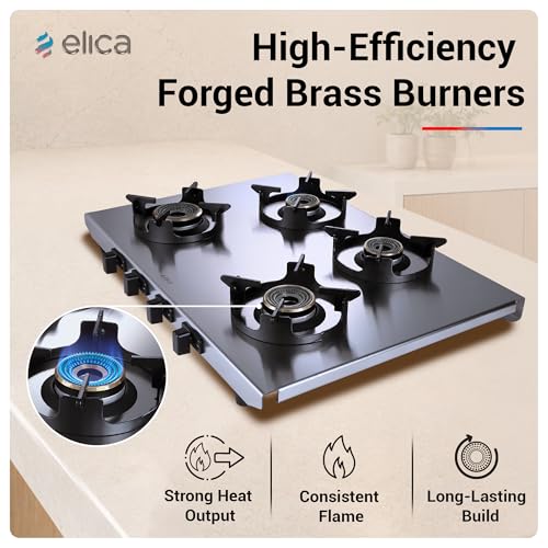 Image of Elica 4 Burner 2mm Stainless Steel Gas Stove | INOX HD 4B 69 | 69cm Layout, Forged Brass Burners - 1 Jumbo 1 Medium 1 Small Burners, Crown Shape Pan Support, 2 Yr Warranty