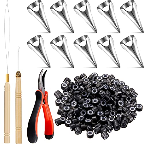 Hair Extensions Tool Kits Pliers Pulling Hook Kits, 500 Pieces Hair Extension Beads ,10 Pieces Silicone Lined Micro Rings for Professional Hair Styling Tools Accessory