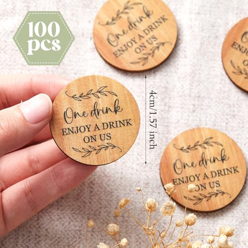 Image of Marsui 100 Pcs Wooden Drink Tokens Bulk for Wedding Personalised Drink Tickets Poker Chips for Guest Wedding Favours Beverage Birthday Parties Bar Table Decoration Supplies (Botanical Leaf Pattern)