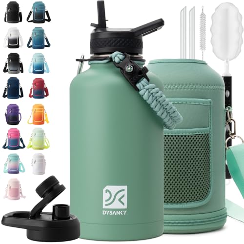 Insulated Water Bottle | Thickened Stainless Steel Vacuum Metal | Portable Sports Half Gallon Large Water Jug for Gym and Hiking with Straw, Carrier Bag, Handle Strap | BPA-Free 64 oz
