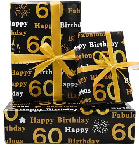 60th Happy Birthday Wrapping Paper 5Pcs 50 * 70cm Black Gold Wrapping Paper for Woman Men Birthday Decorations