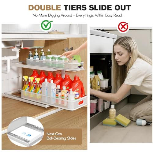 Image of 2-Pack 21.3 IN Depth Under Sink Organizer With Next-Gen Ball-Bearing Slides,Sophisticated Mesh 2-Tier Pull Out Shelf for Kitchen & Bathroom,Fits Small Items-White(Patented)