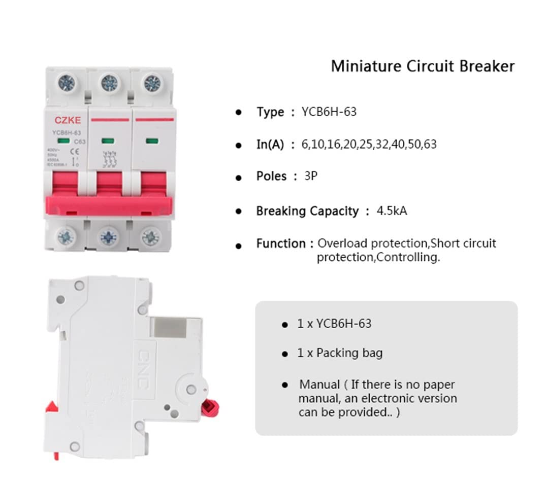 YCB6H-63 3P Miniature Circuit Breaker MCB Overload Protection 3Poles Din Rail Mount Breaking Capacity 6A/10A/16A/20A/25A/32A (Color : 3, Size : 63A)