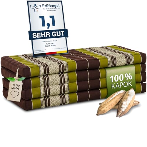 livasia Nachhaltige Klappmatratze aus Kapok - 200x110x8cm - breite Gästematratze, Faltbare Matratze, ökologische Yogamatte, klappbares Gästebett, Liege für Garten und Balkon (Braun/Grün)