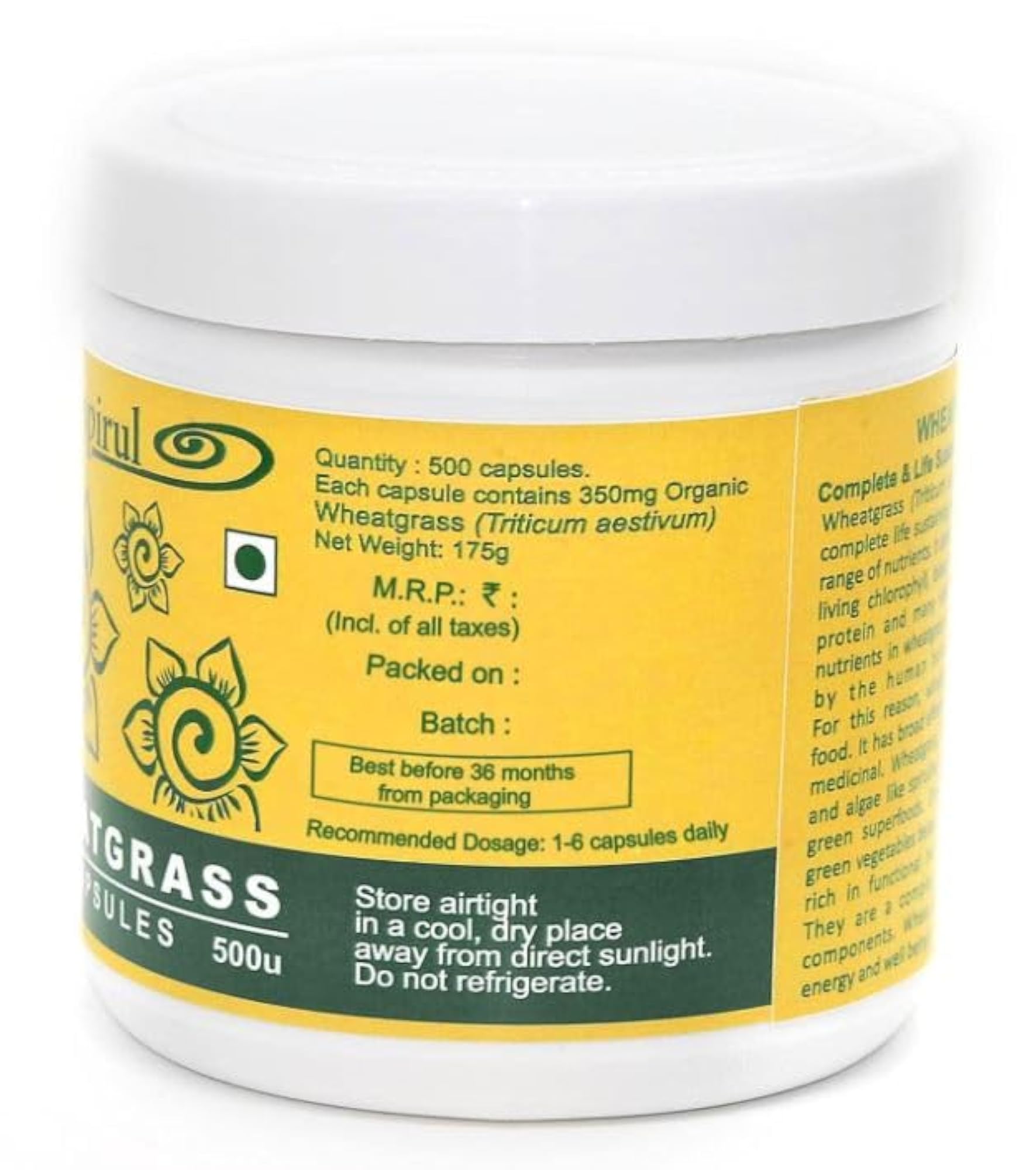 Aurospirul Organic Wheatgrass 500 Veg Capsules