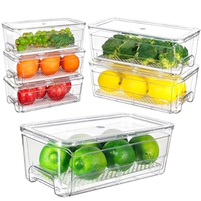 Imncya 6 Pack Stackable Pull-Out Fridge Organizer Drawers, Clear Refrigerator Drawer with Lids, Fridge Stackable Storage Drawers for Veggies, Fruits, Food Storage and Organizer