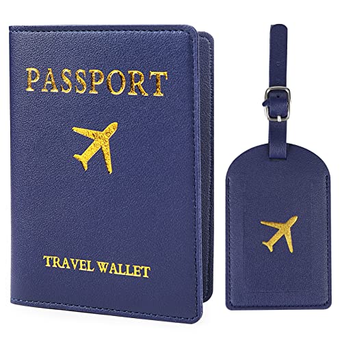 Kit d'Étiquette Bagage et Couverture de Passeport en PU Cuir- 1 Étiquette Valise et 1 Étuis de Passeport de Style Minimaliste Protéger Passport et Prévenir Perte en Voyage d'avion Train Bus (Bleu) Cover