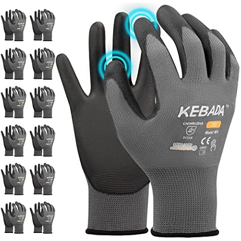 Kebada W1 Work Gloves for Men and Women with Grip,12 Pairs Bulk Pack Mechanic Gloves,PU Coating on Palm & Fingers,Breathable Mens Gardening Touchscreen,Lightweight,Gray Large Cover