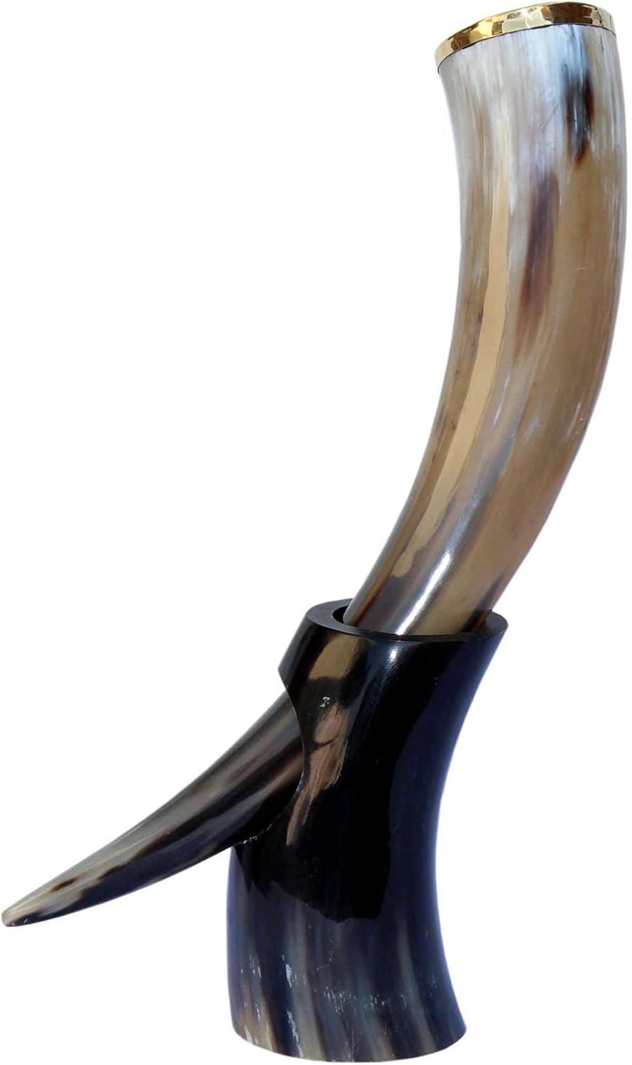 5MOONSUN5's Viking Drinking Horn with Stand – Authentic & Food Safe Cup No Leaks Norse Drinking Beer Mug with Brass ring 16 oz Capacity Best Choice of Vikings & GOT Theme & Fans