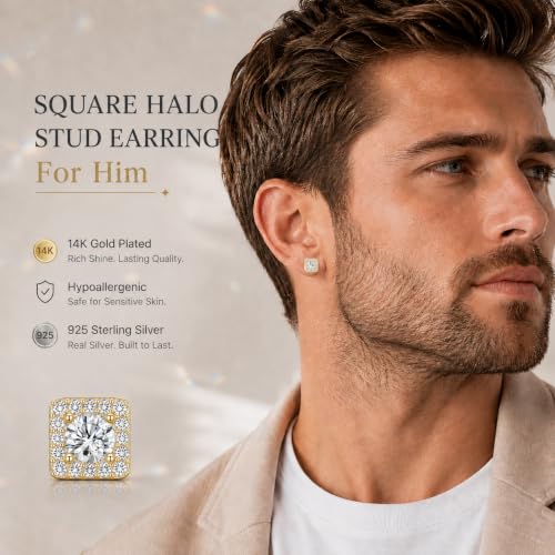Lyniuoy Moissanite Square Stud Earrings For Women Men Cubic Zirconia Halo Sparkle Earring 14K Gold Plated 925 Sterling Silver Hypoallergenic Stud Gifts For Women Wife Girlfriend 5.0mm 0.5ct X2 — view 3