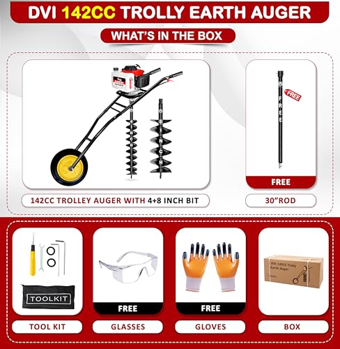 Image of DVI 142CC Trolley Earth Auger Machine, 4-Stroke Petrol Engine - with 4 Inch + 8 Inch Double Spiral Planter Bits & Free Extension Rod | for Plantation, Fencing & Post Hole Digging in All Soil Types.