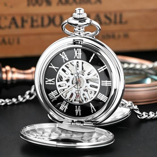 Image of Vintage Gold Double Sides Open Case Mechanical Men's Pocket Watch,Double Face Roman Dial Clock Hand Wind Pocket Watch for Men with FOB Chain